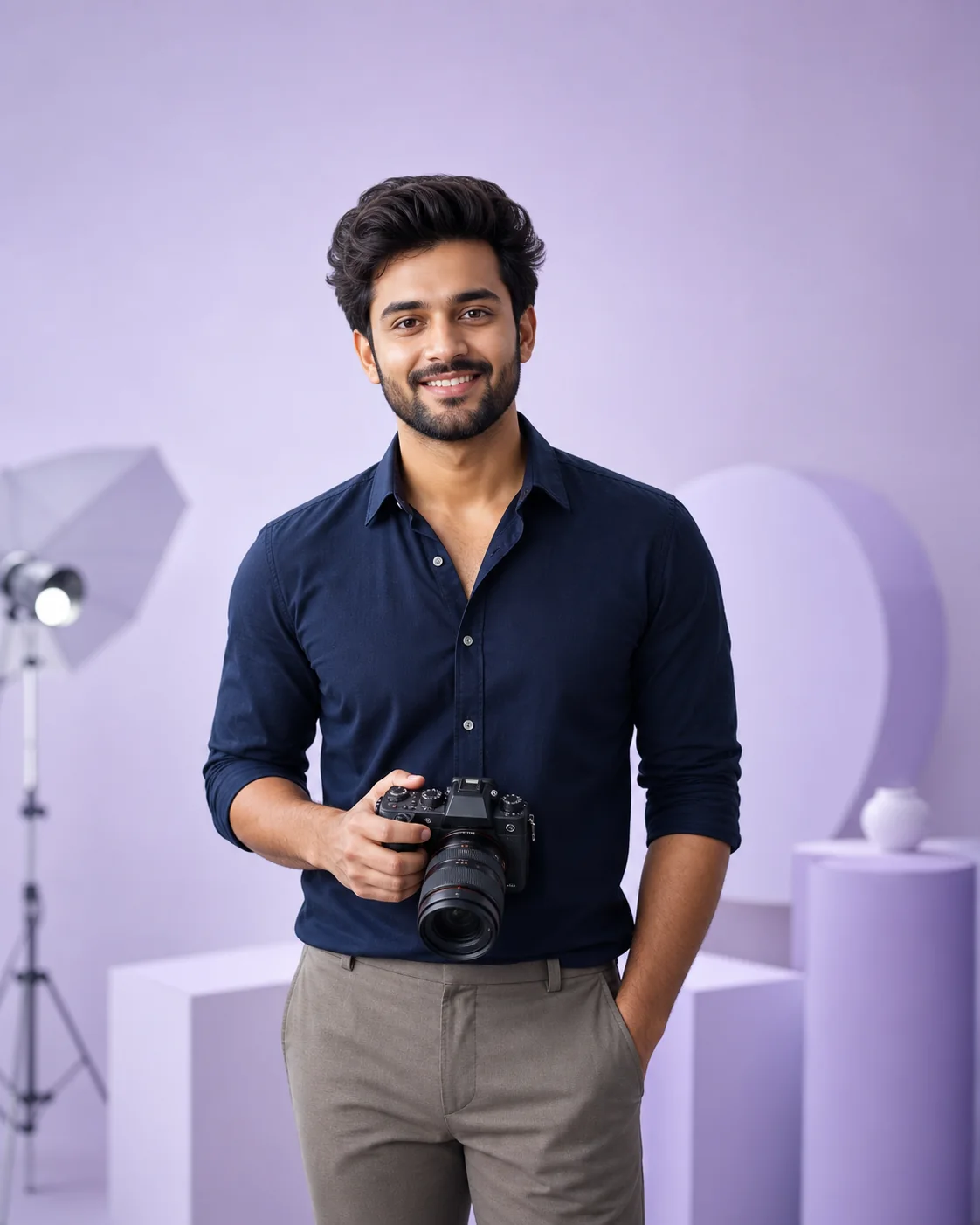 Indian photography professional holding a camera
